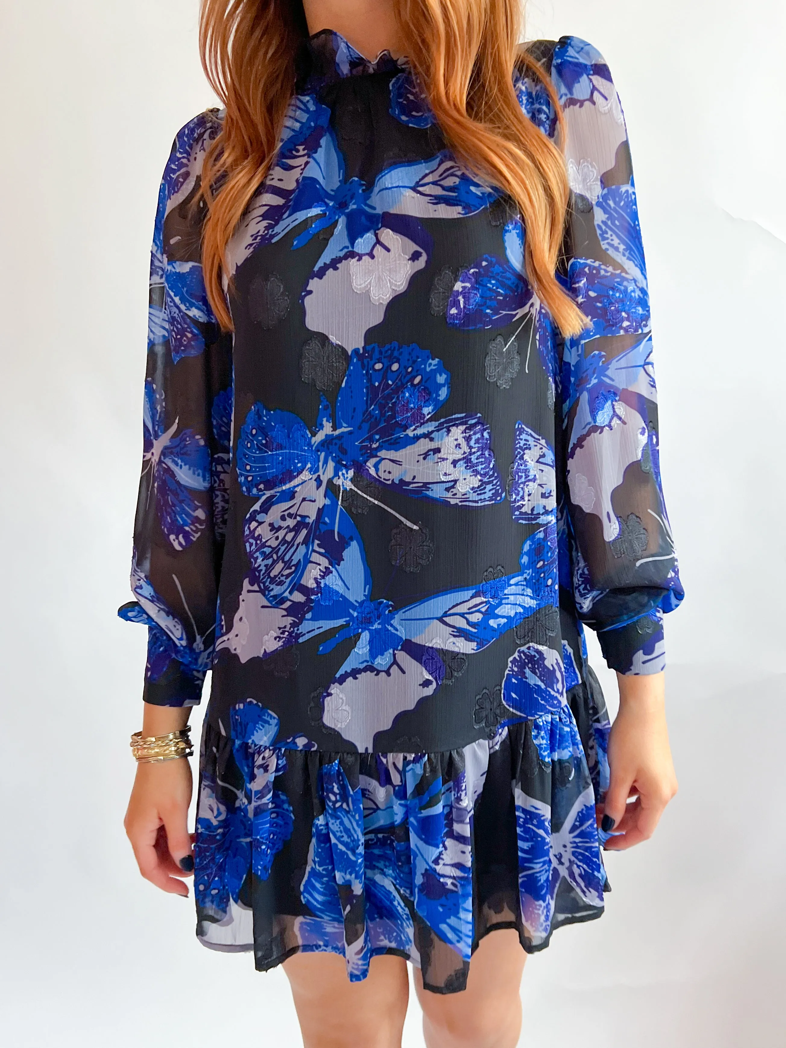 Ruffle Sheer Printed Mini Dress
