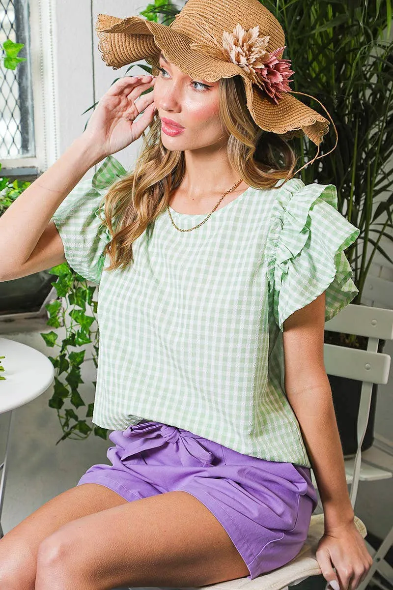 Ruffle Sleeve Gingham Printed Woven Blouse Top VT81609A: S / BLUE