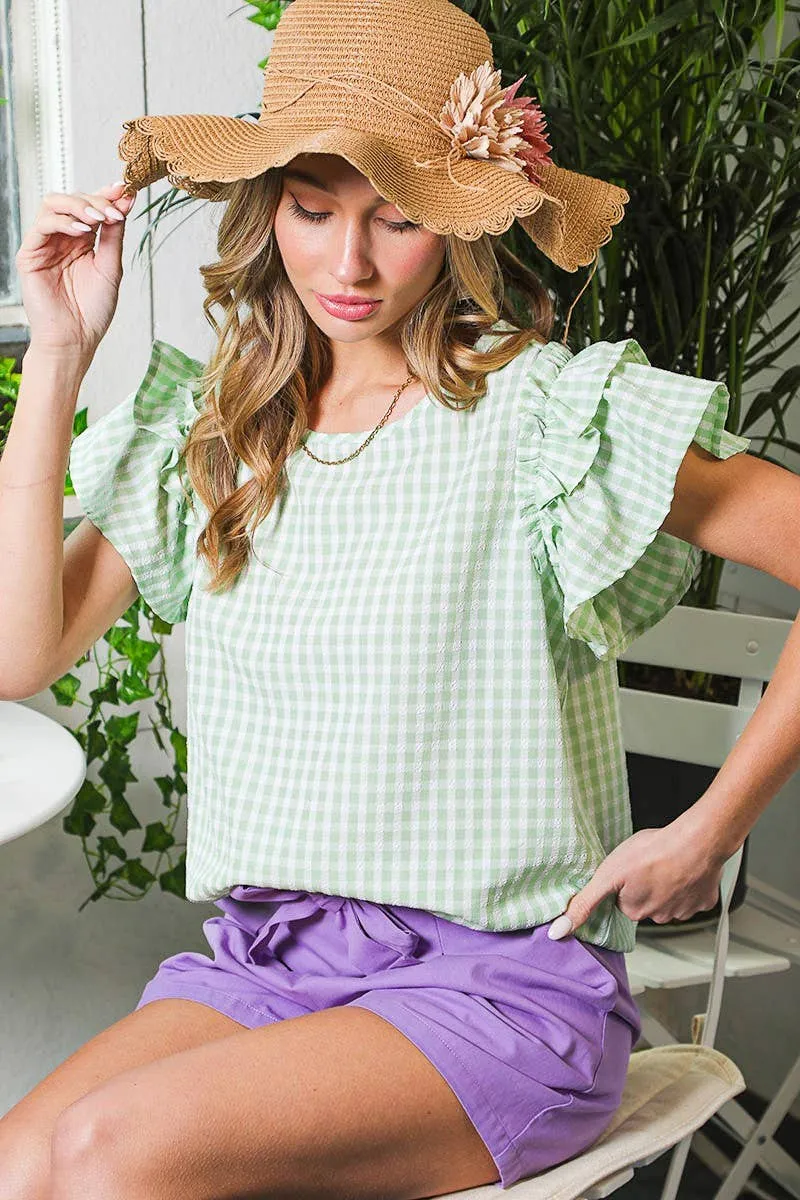 Ruffle Sleeve Gingham Printed Woven Blouse Top VT81609A: S / BLUE