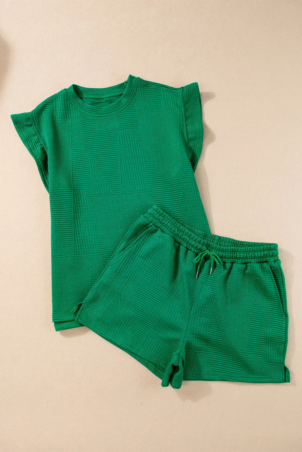 Ruffle Split Top and Drawstring Shorts