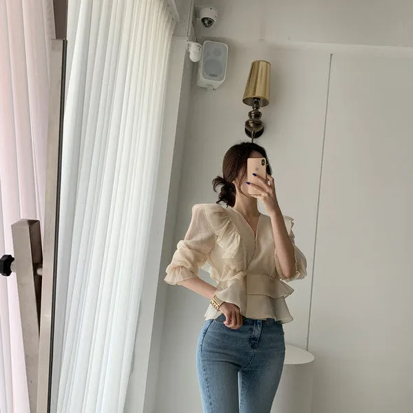 Ruffled Deep V-neck Silk Shirt Flare Sleeve