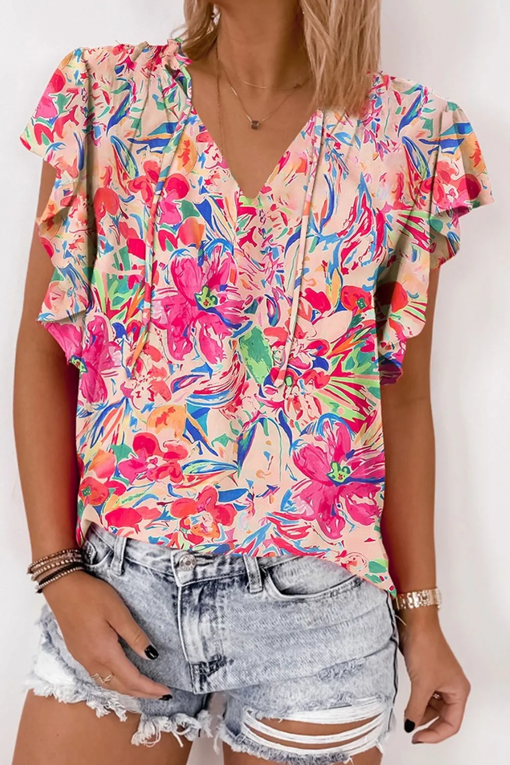 Ruffled Floral Printed Tie Neck Cap Sleeve Blouse
