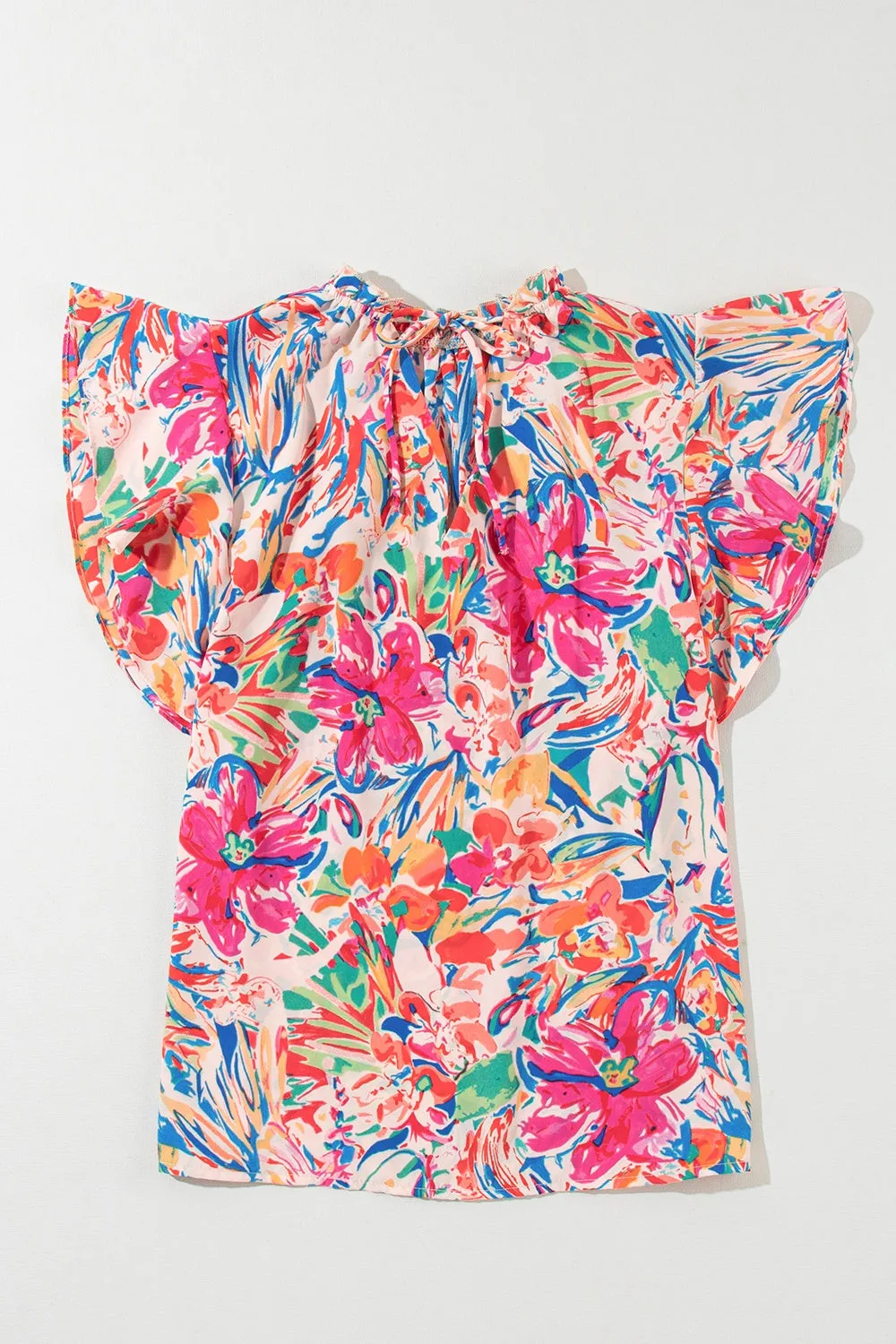 Ruffled Floral Printed Tie Neck Cap Sleeve Blouse