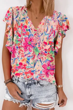 Ruffled Floral Printed Tie Neck Cap Sleeve Blouse