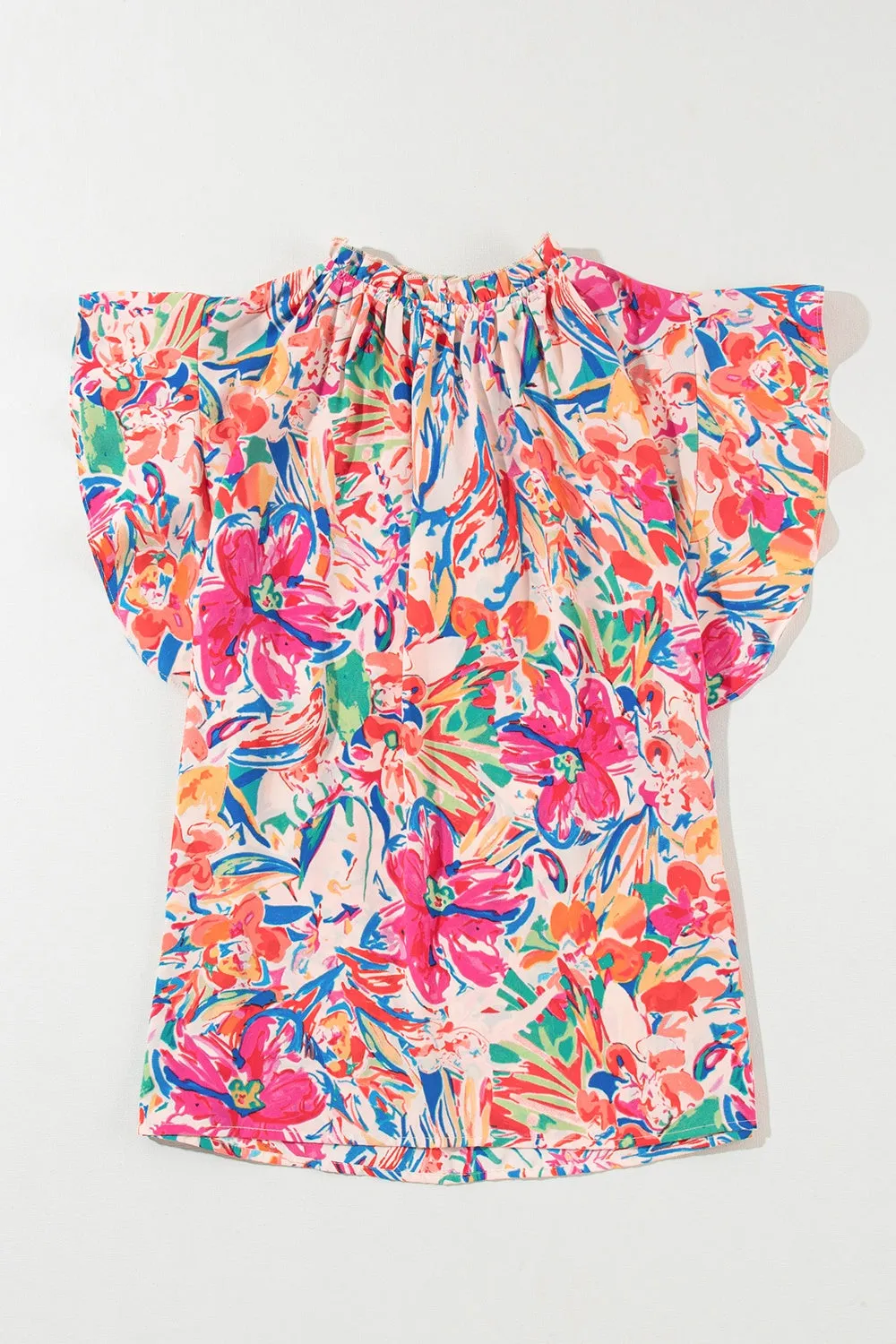 Ruffled Floral Printed Tie Neck Cap Sleeve Blouse