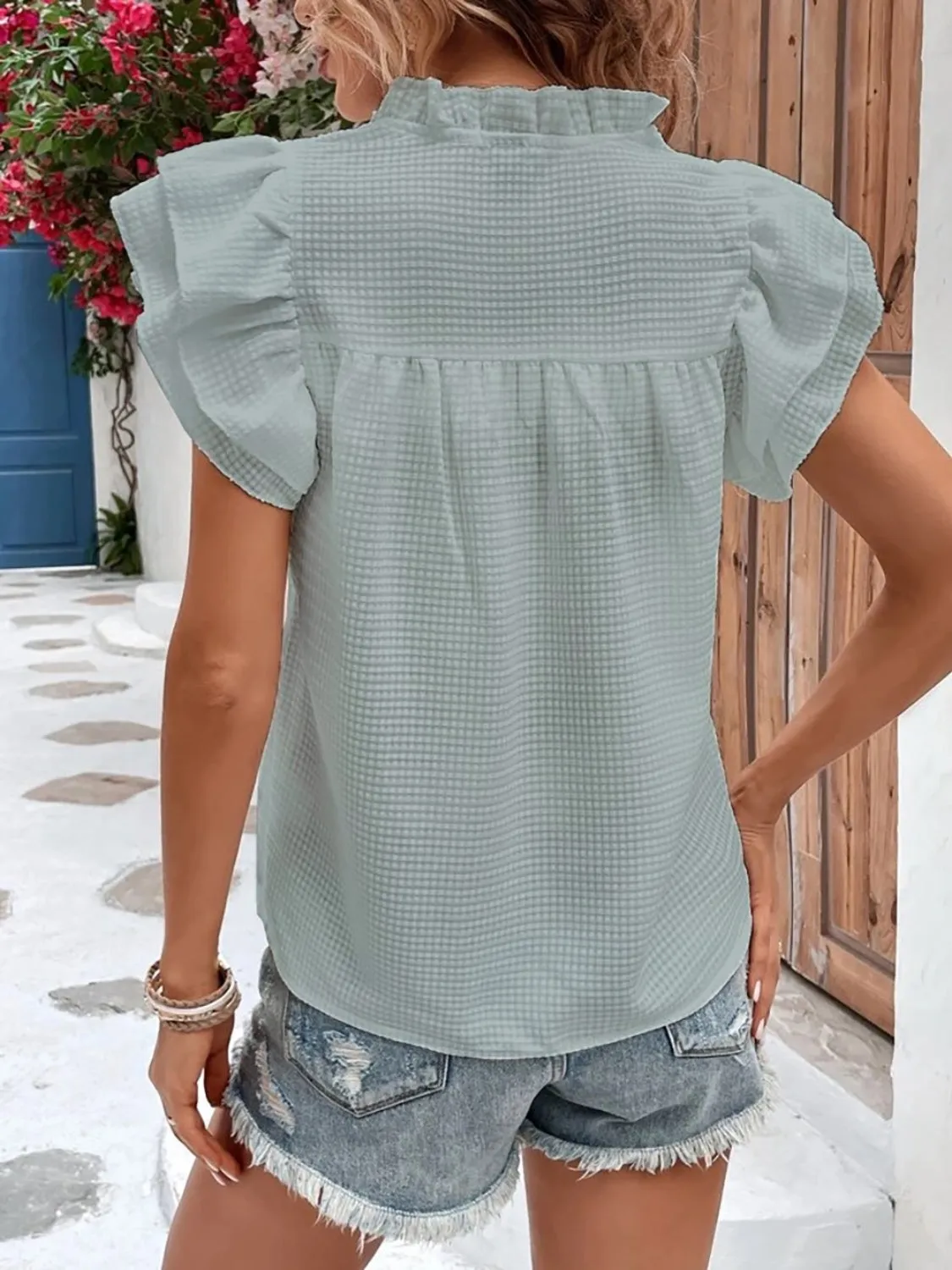 Ruffled Notched Cap Sleeve Blouse (3 Colors)