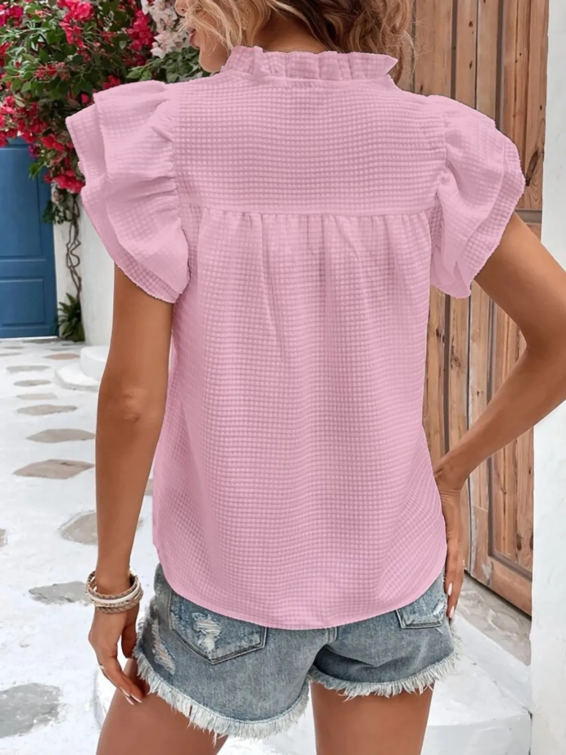 Ruffled Notched Cap Sleeve Blouse (3 Colors)