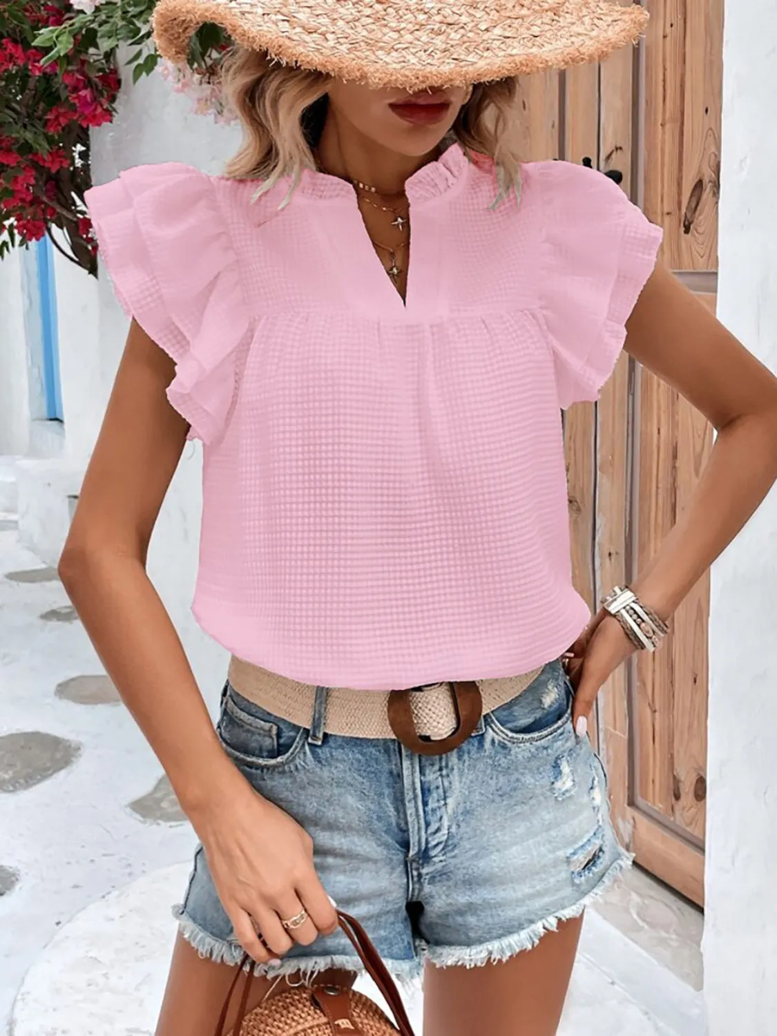 Ruffled Notched Cap Sleeve Blouse (3 Colors)