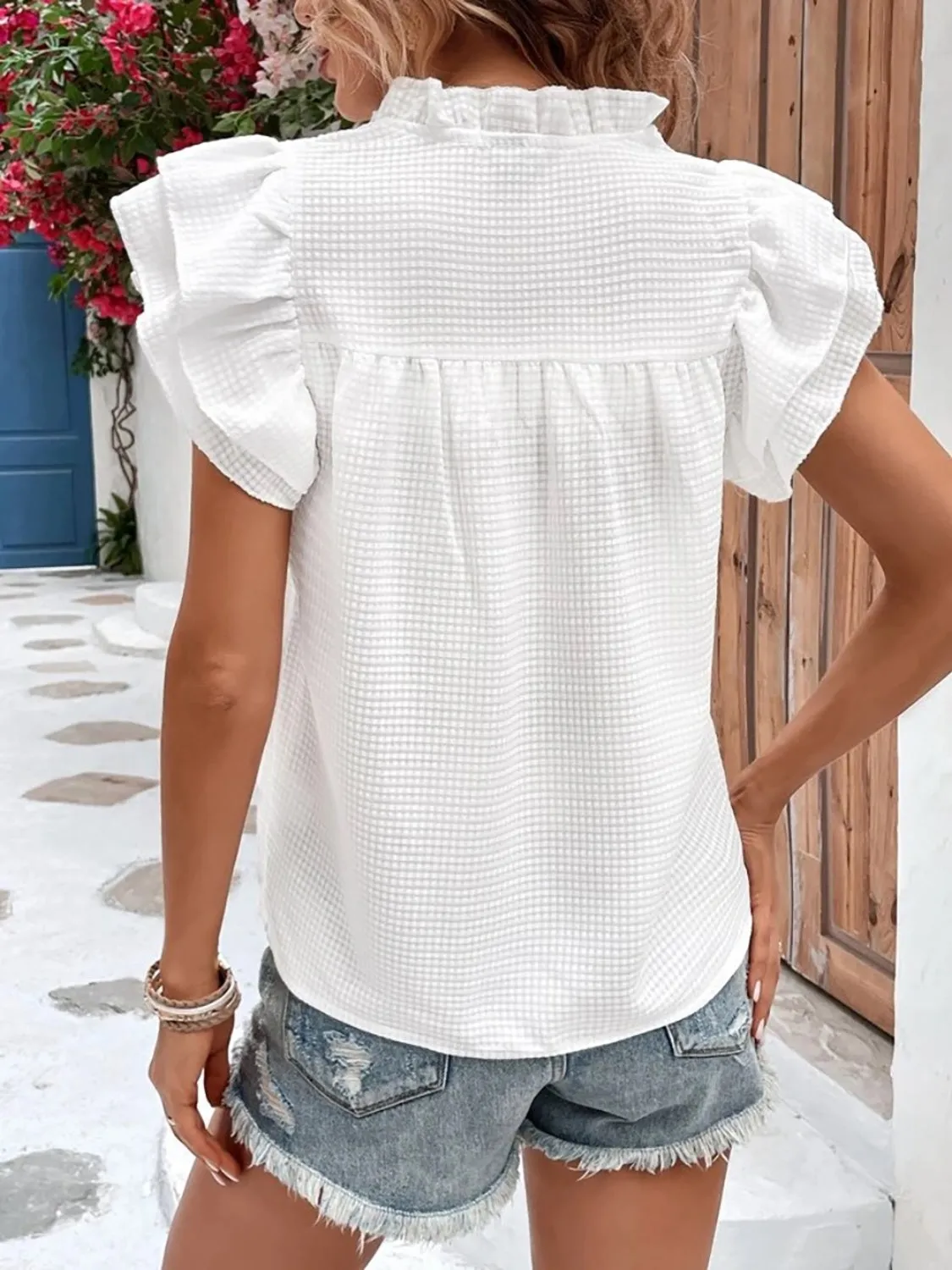 Ruffled Notched Cap Sleeve Blouse (3 Colors)