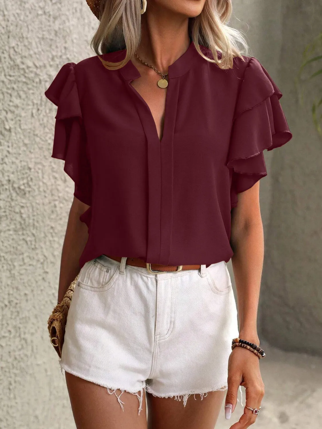 Ruffled Notched Short Sleeve Blouse (7 Colors)