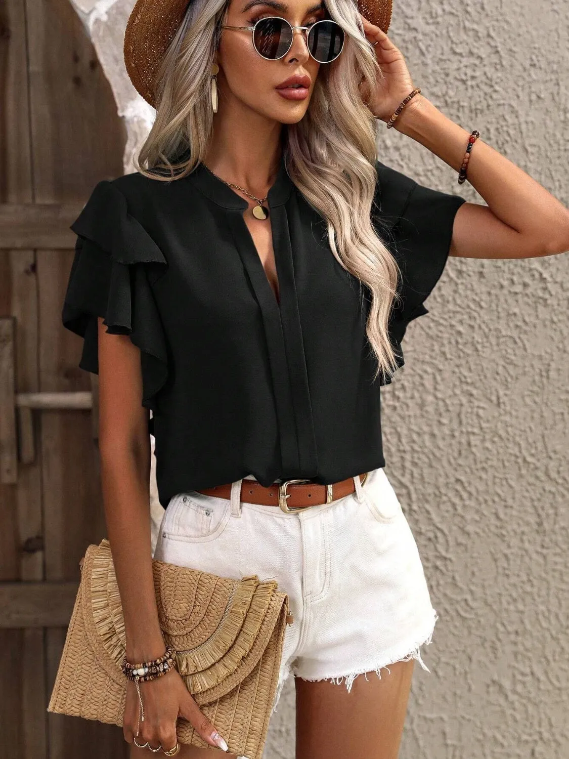 Ruffled Notched Short Sleeve Blouse (7 Colors)
