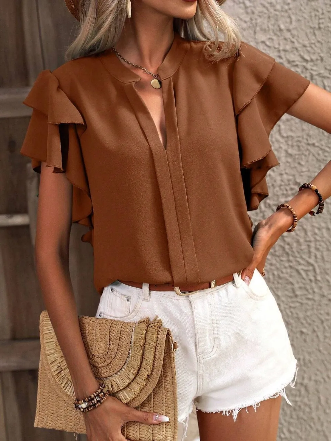 Ruffled Notched Short Sleeve Blouse (7 Colors)