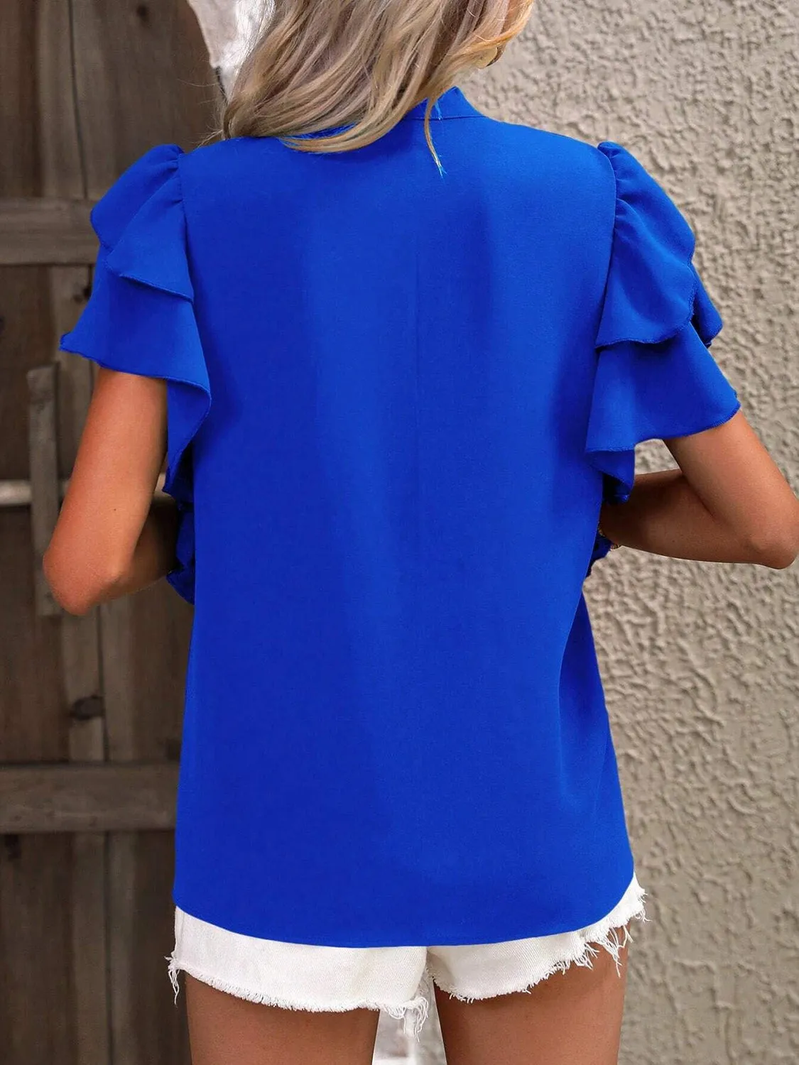 Ruffled Notched Short Sleeve Blouse (7 Colors)
