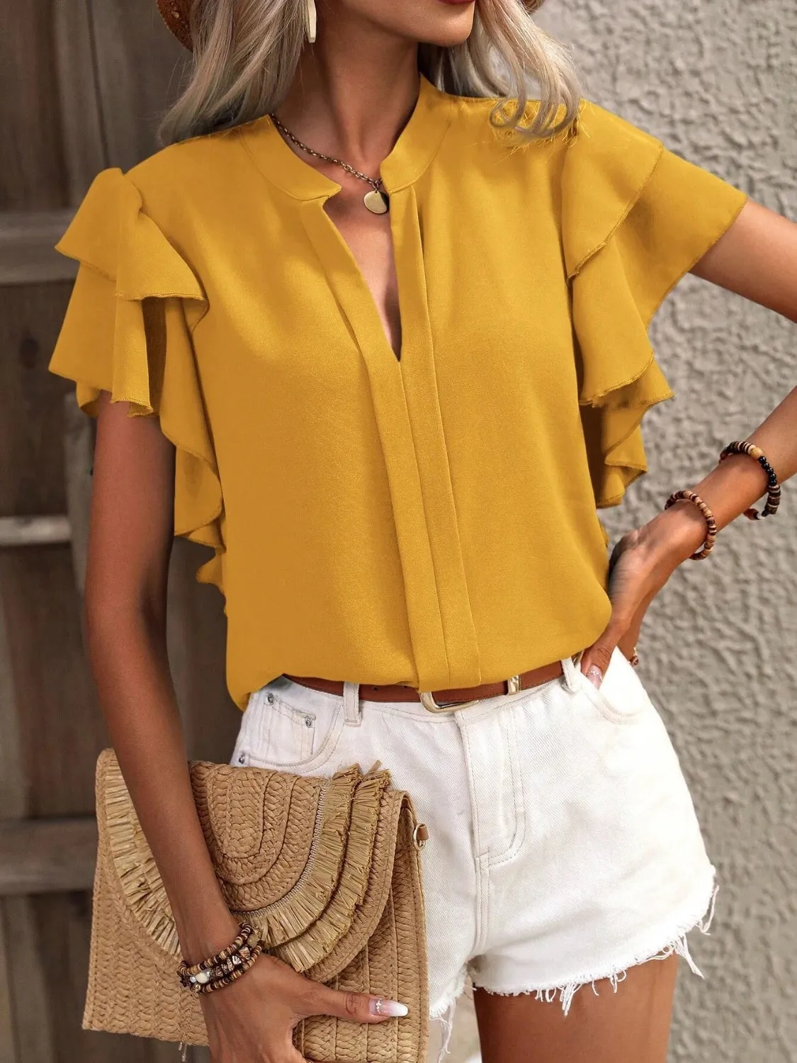 Ruffled Notched Short Sleeve Blouse (7 Colors)