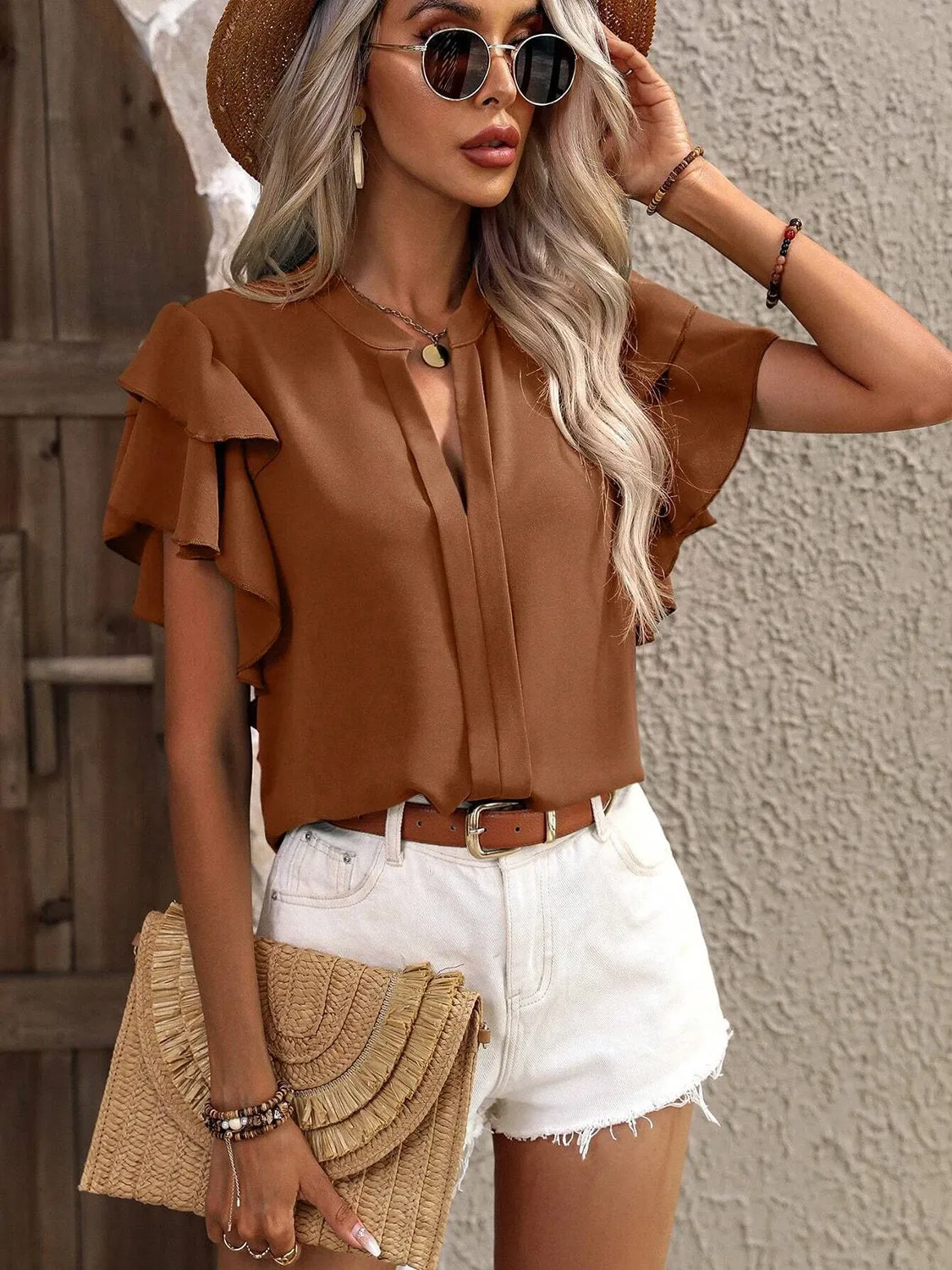 Ruffled Notched Short Sleeve Blouse (7 Colors)