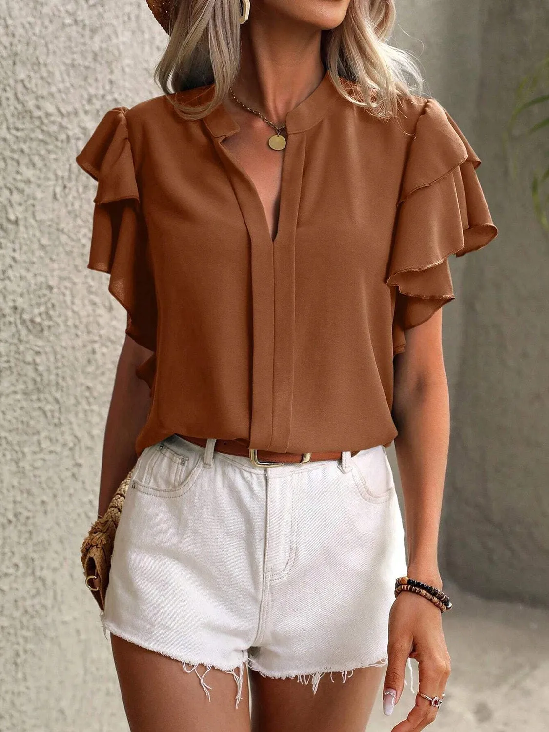 Ruffled Notched Short Sleeve Blouse (7 Colors)
