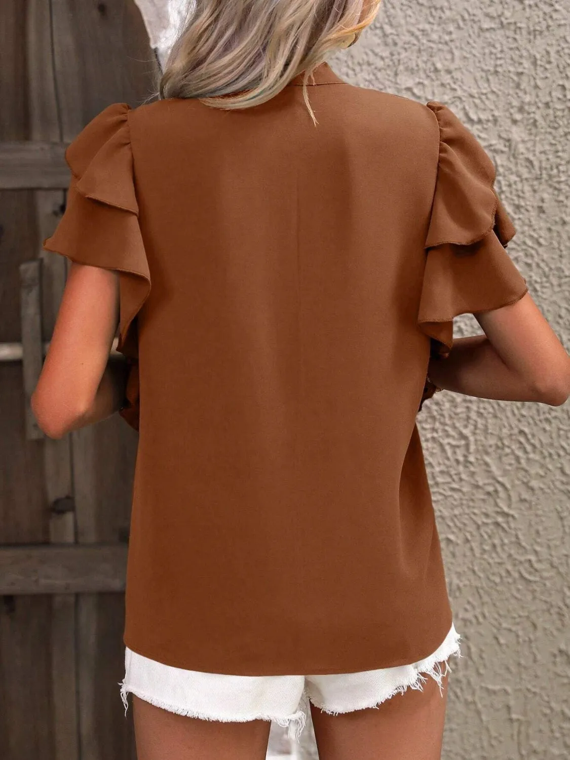 Ruffled Notched Short Sleeve Blouse (7 Colors)