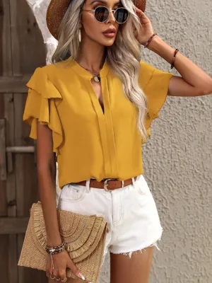 Ruffled Notched Short Sleeve Blouse (7 Colors)