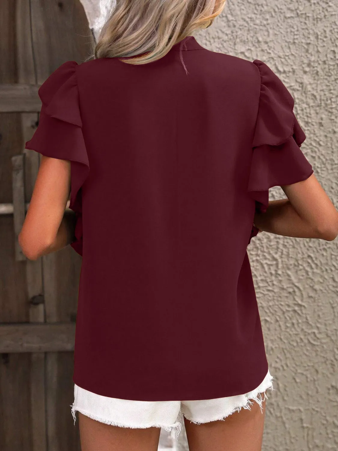 Ruffled Notched Short Sleeve Blouse (7 Colors)
