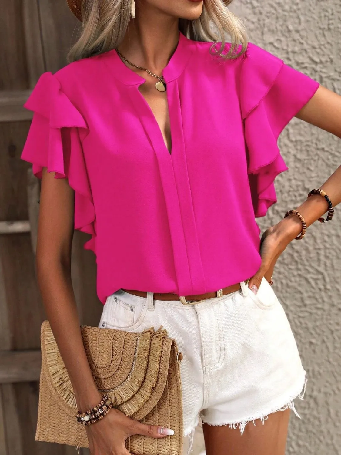 Ruffled Notched Short Sleeve Blouse (7 Colors)