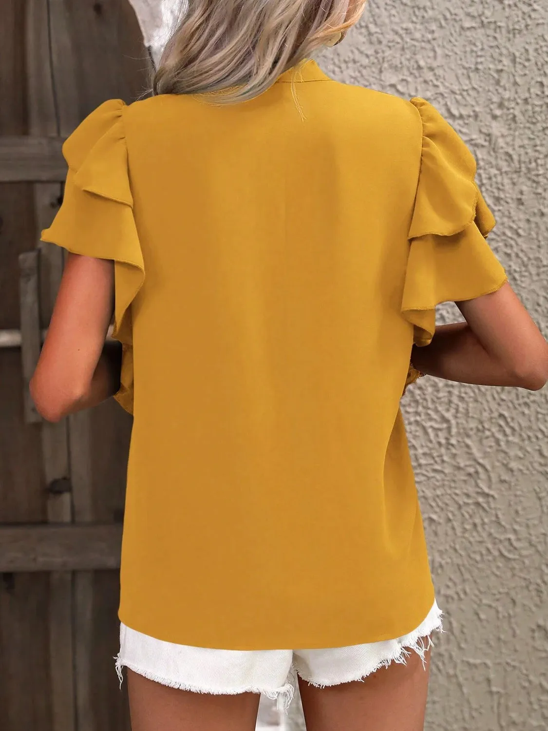 Ruffled Notched Short Sleeve Blouse (7 Colors)