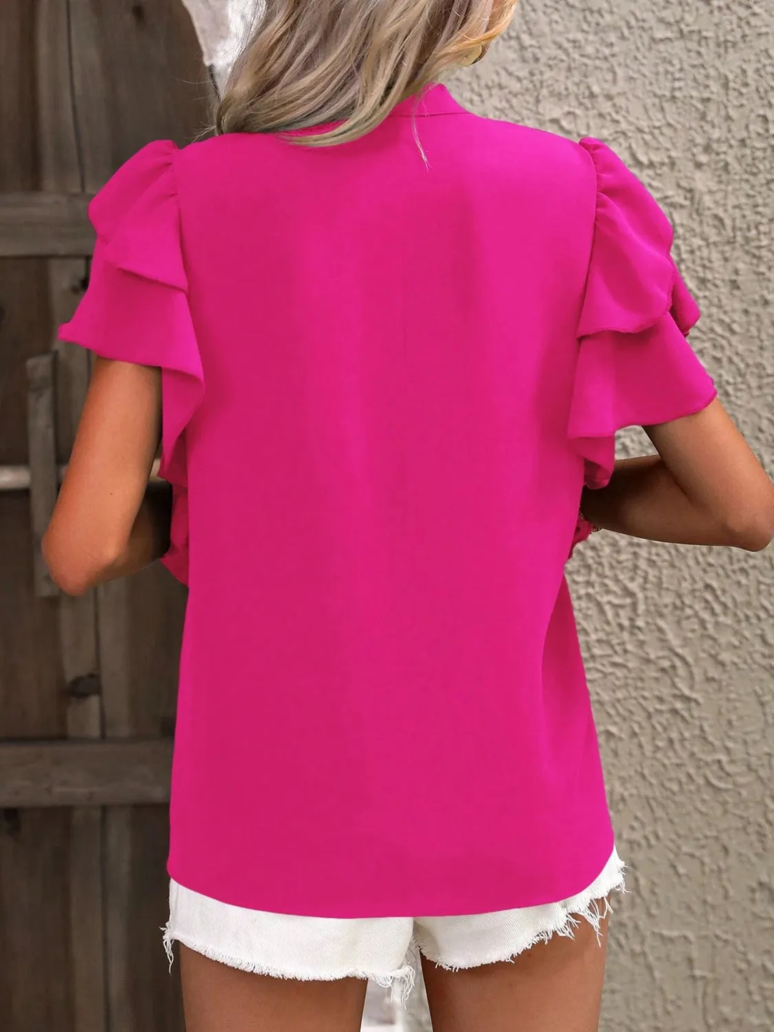 Ruffled Notched Short Sleeve Blouse (7 Colors)