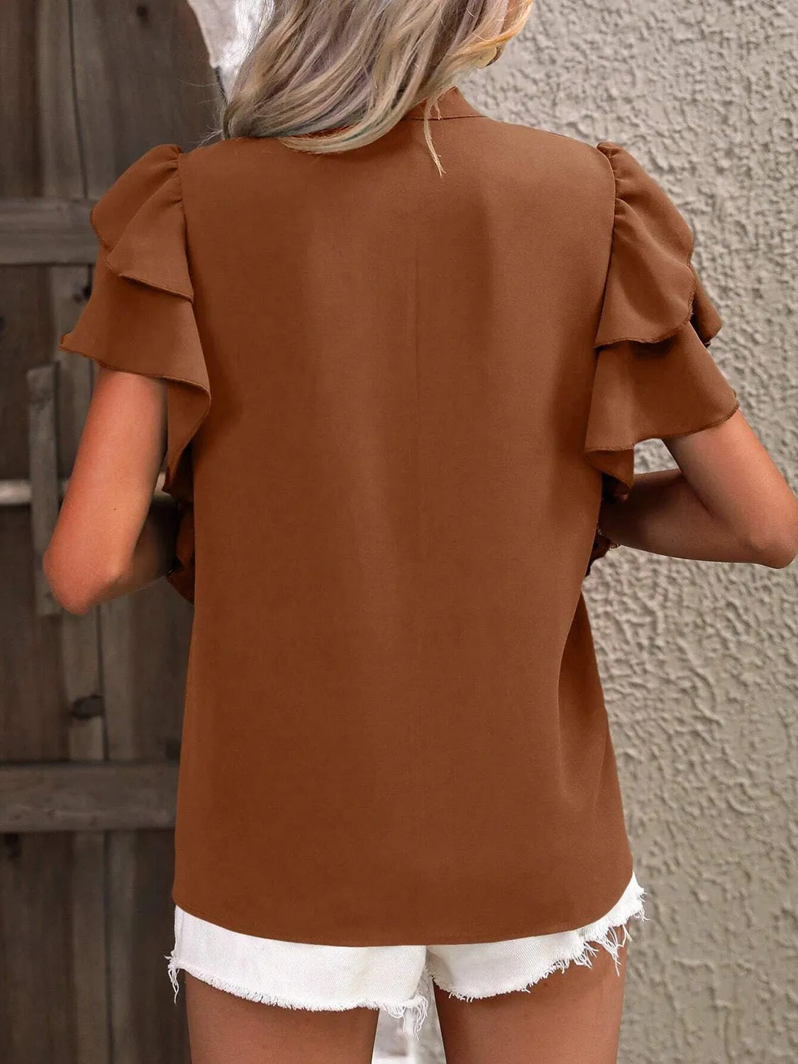 Ruffled Notched Short Sleeve Blouse (7 Colors)