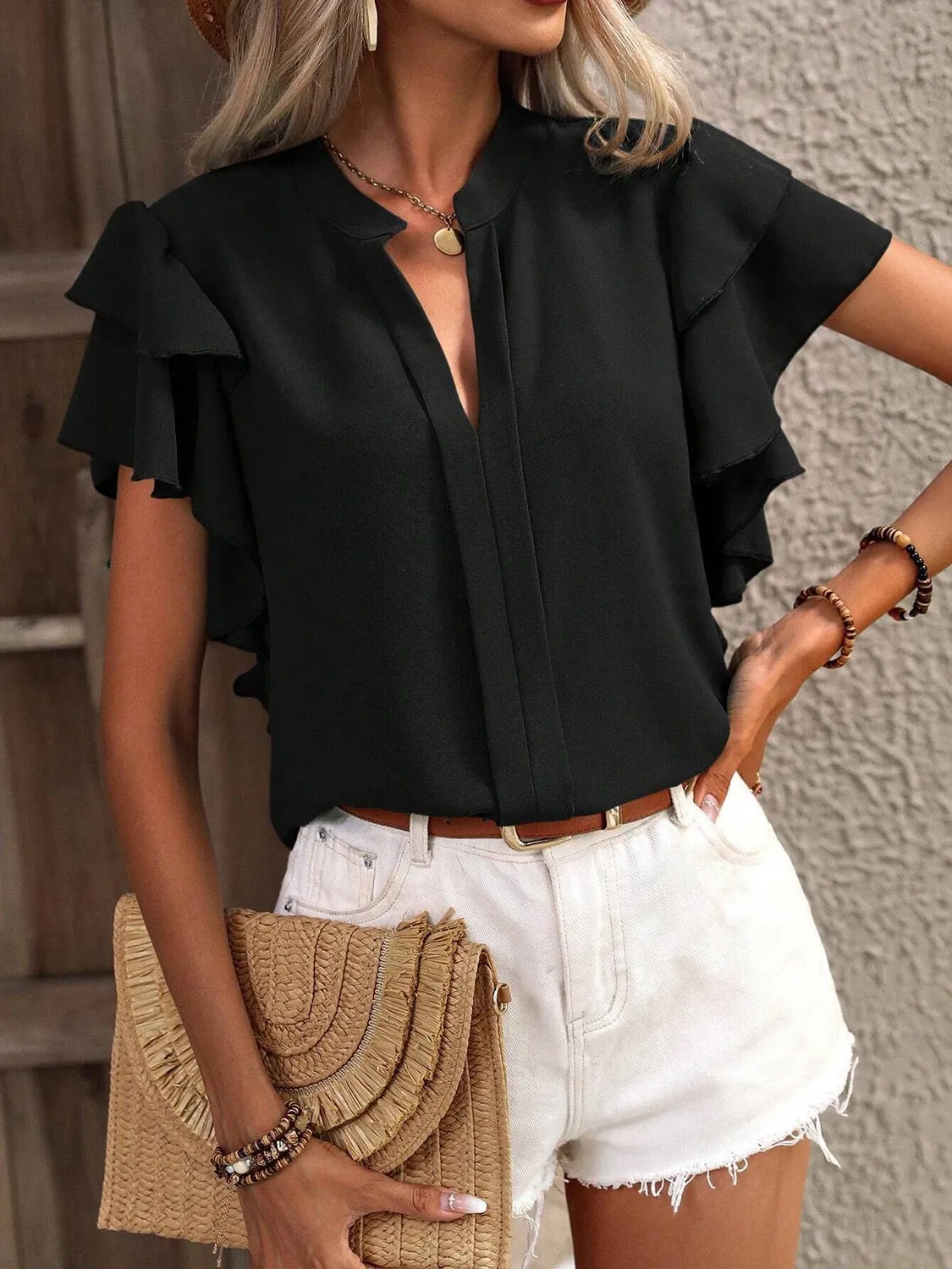 Ruffled Notched Short Sleeve Blouse (7 Colors)