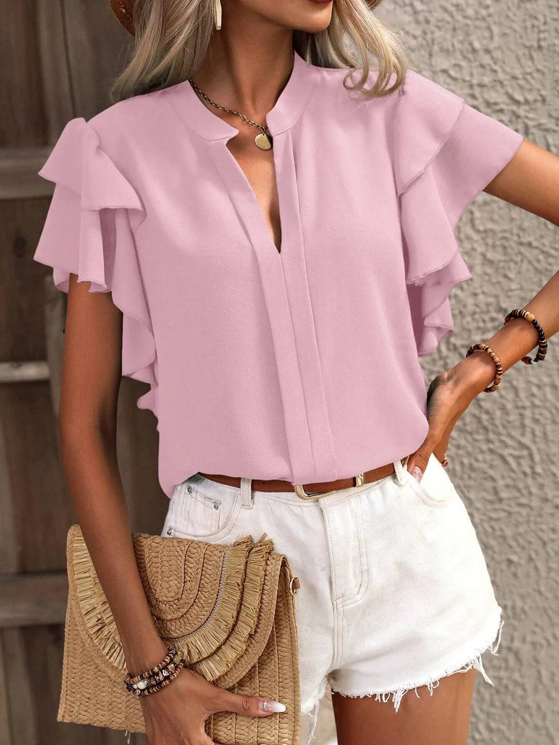 Ruffled Notched Short Sleeve Blouse (7 Colors)