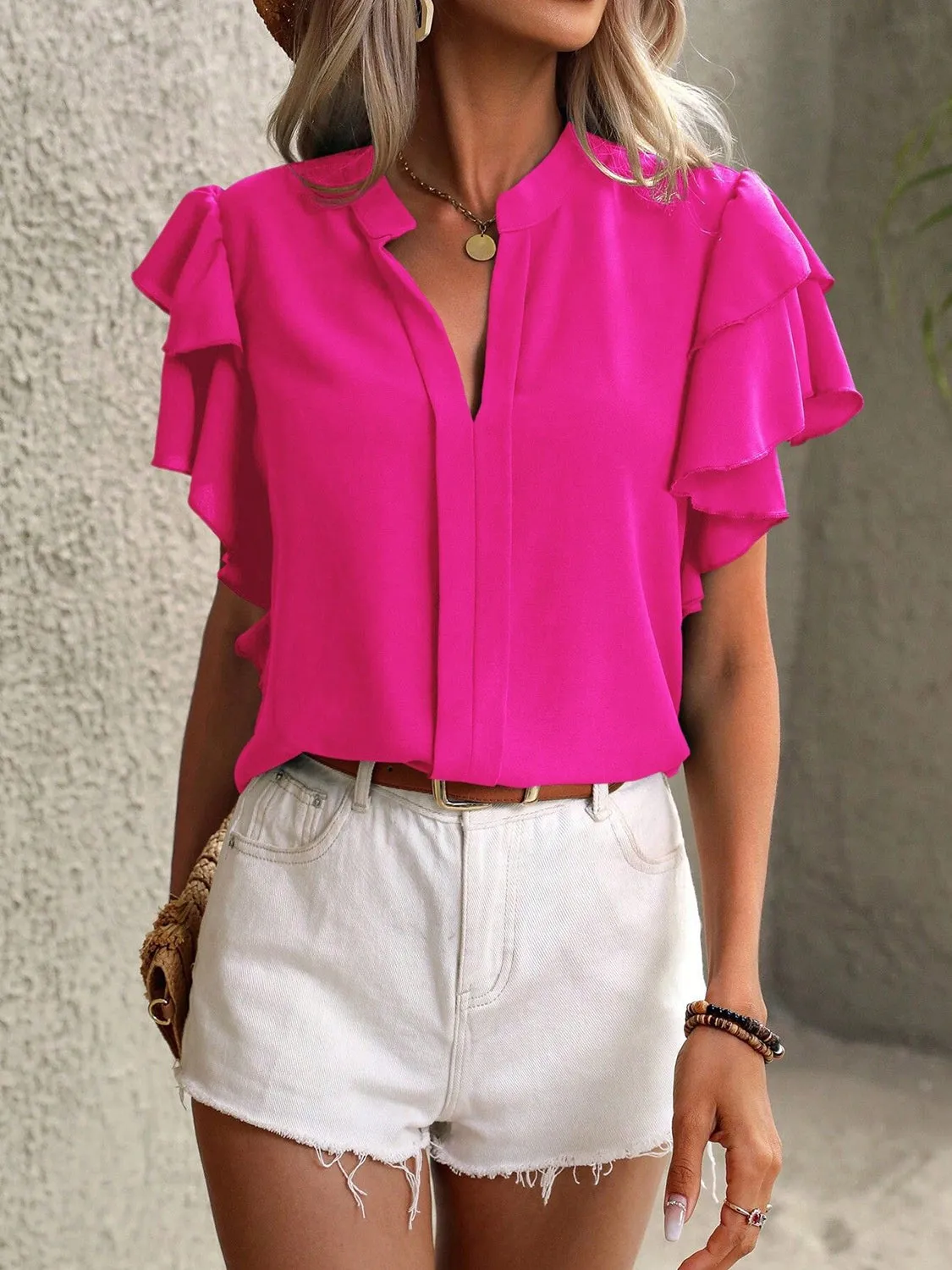 Ruffled Notched Short Sleeve Blouse (7 Colors)