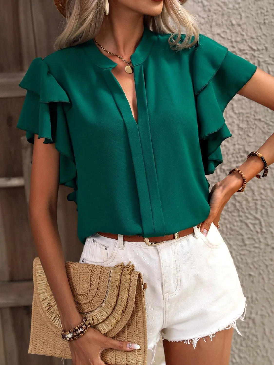 Ruffled Notched Short Sleeve Blouse (7 Colors)