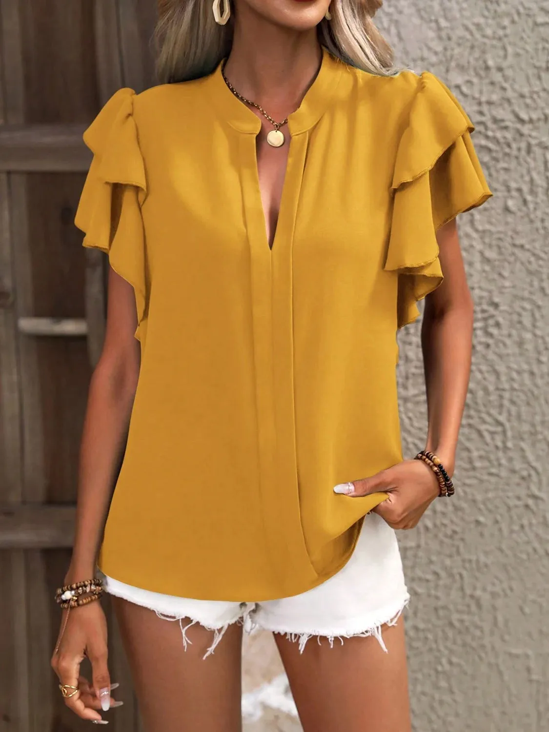 Ruffled Notched Short Sleeve Blouse (7 Colors)