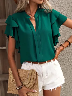 Ruffled Notched Short Sleeve Blouse (7 Colors)