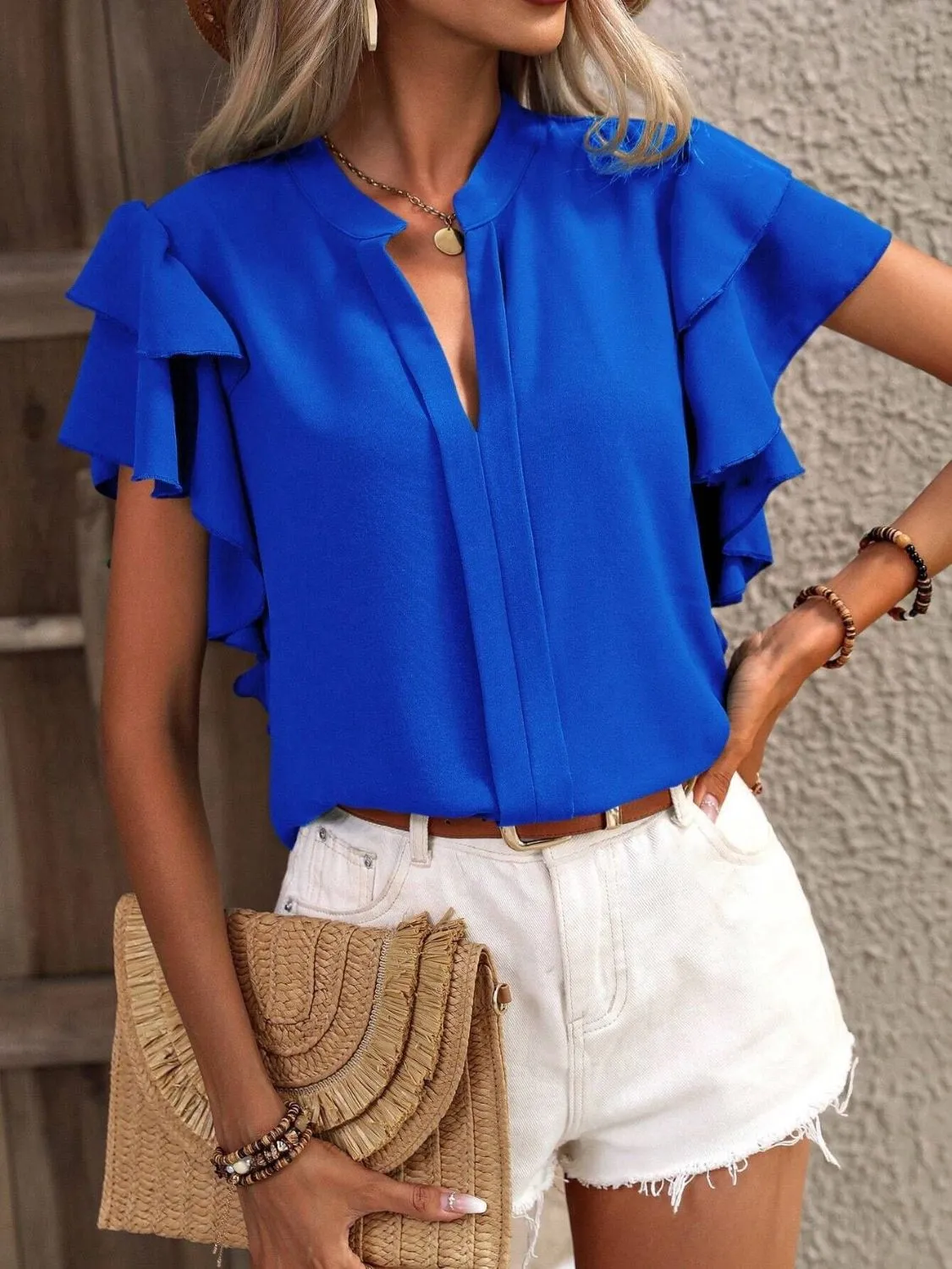 Ruffled Notched Short Sleeve Blouse (7 Colors)