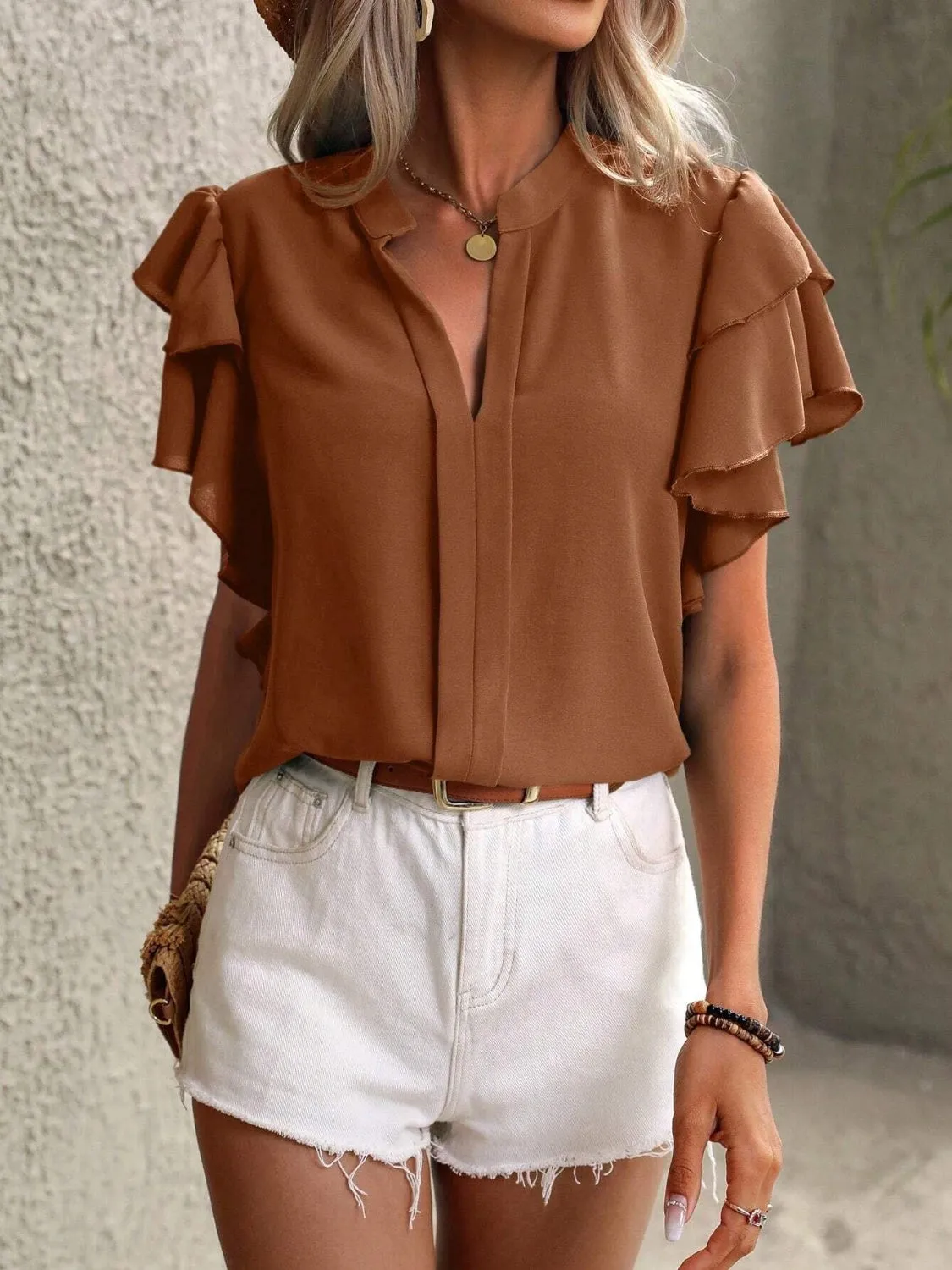 Ruffled Notched Short Sleeve Blouse (7 Colors)