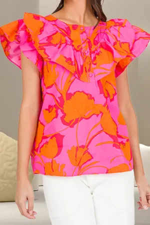 Ruffled Printed Round Neck Cap Sleeve Blouse