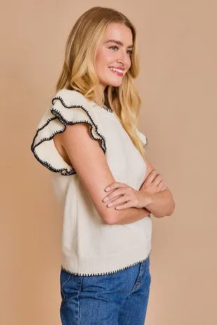 Ruffled Short Sleeve Cream Sweater Vest