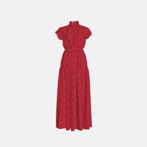 RUFFLED SLEEVELESS BROCADE DRESS