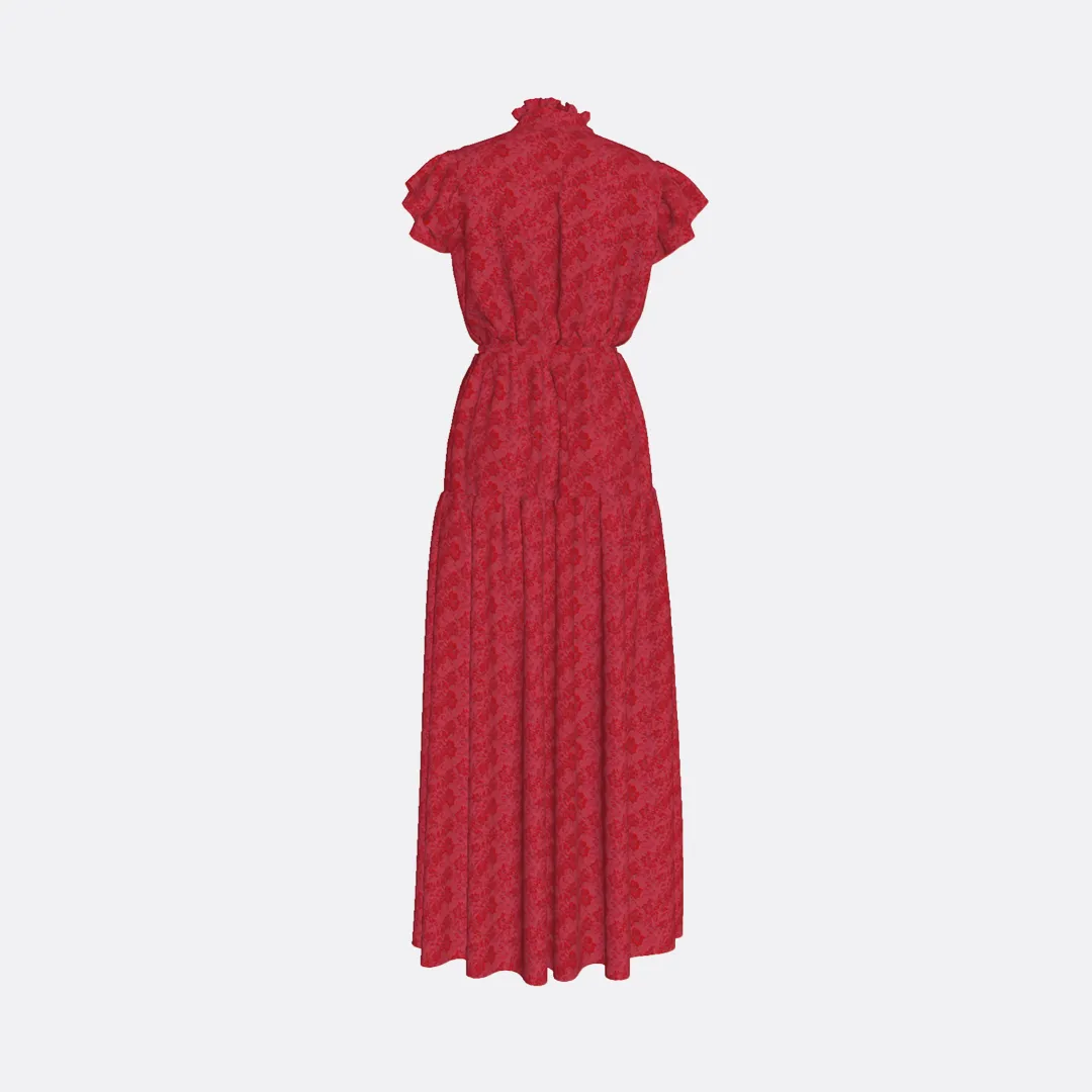 RUFFLED SLEEVELESS BROCADE DRESS