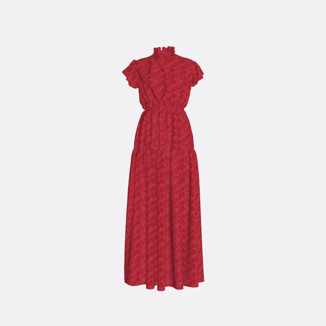 RUFFLED SLEEVELESS BROCADE DRESS
