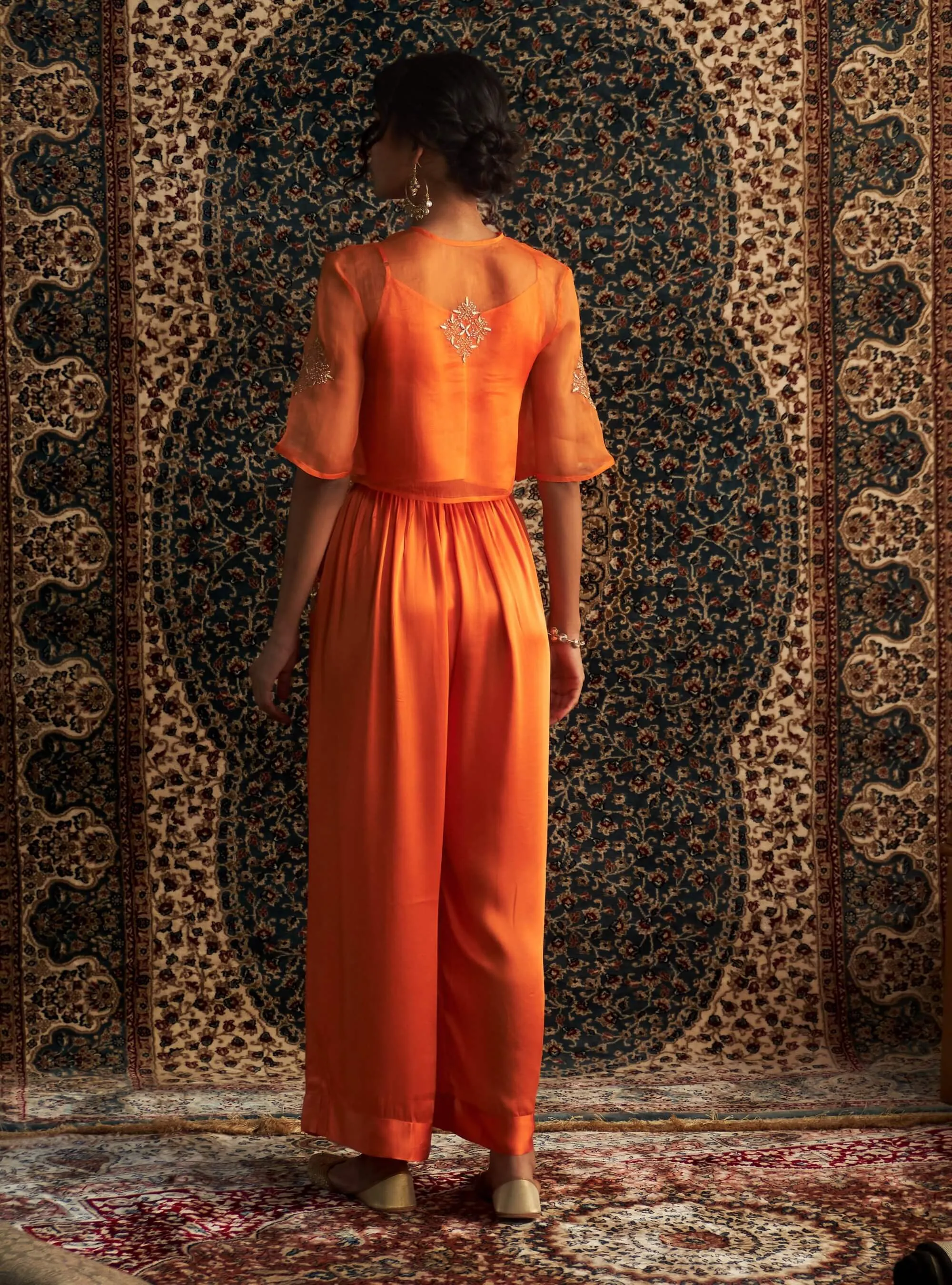 Saffron embroidered sheer top and palazzo set