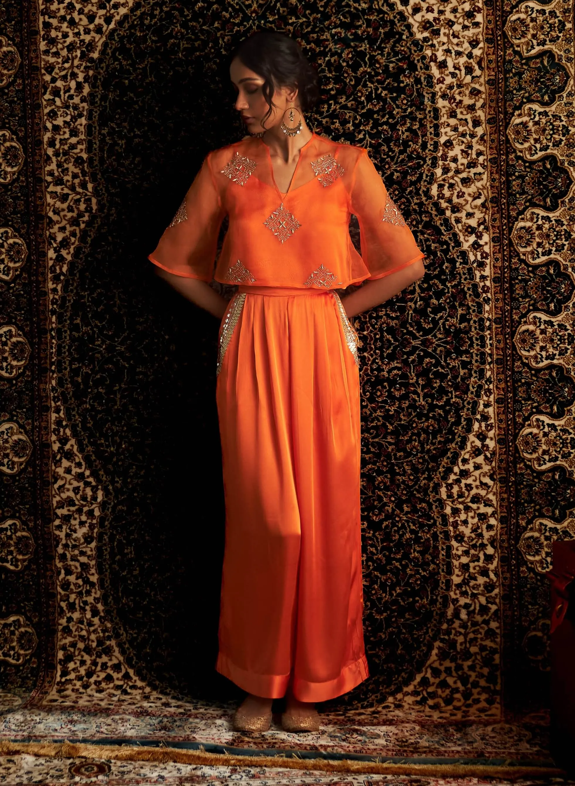 Saffron embroidered sheer top and palazzo set
