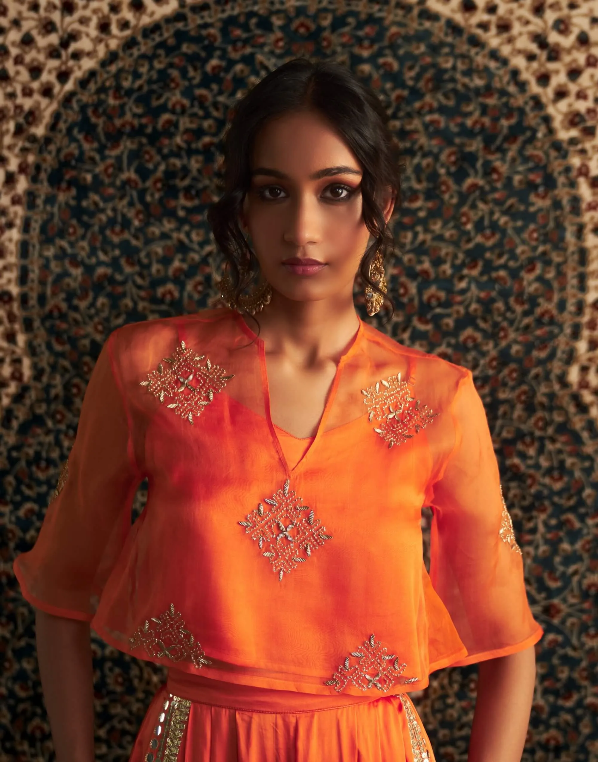 Saffron embroidered sheer top and palazzo set