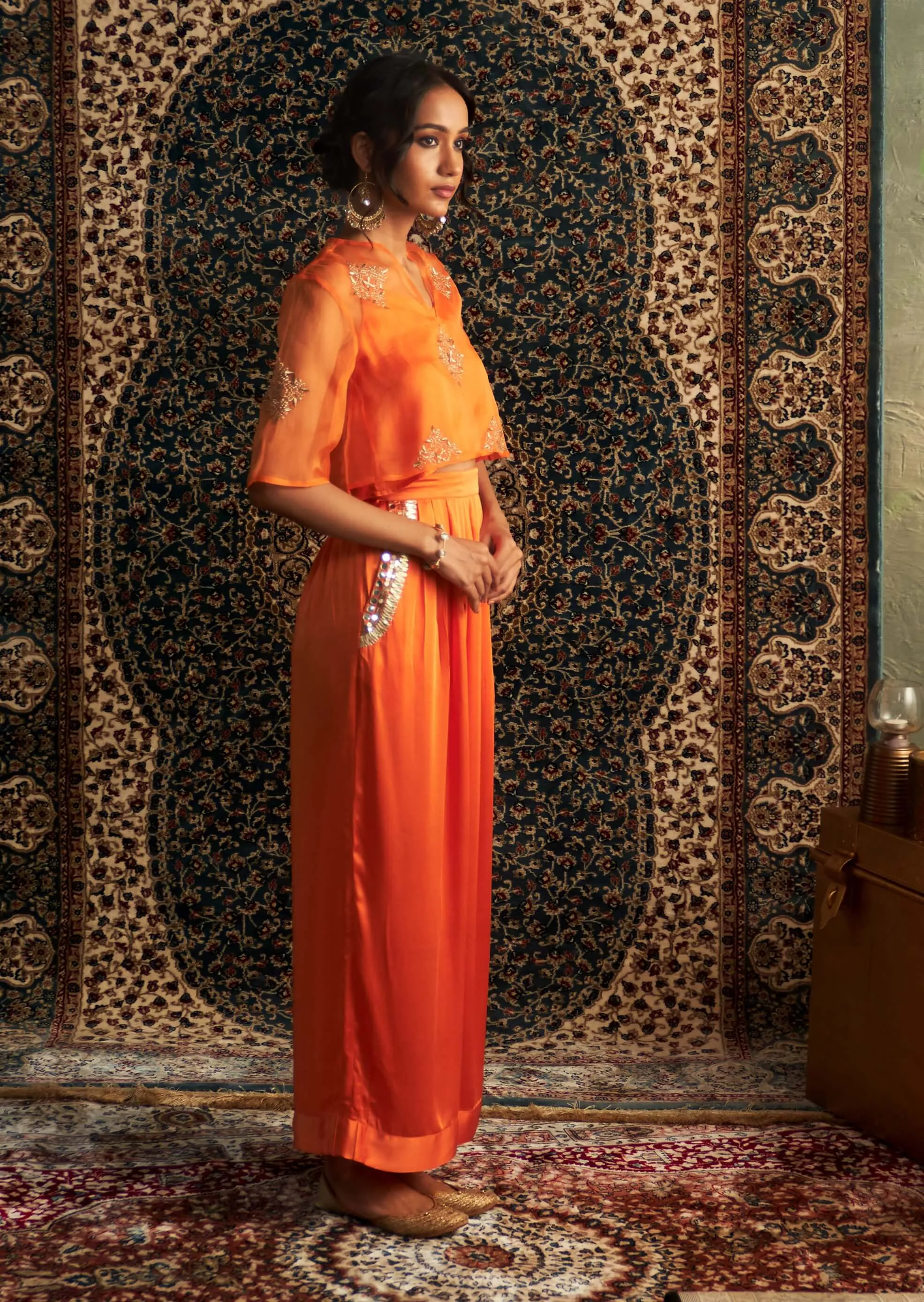 Saffron embroidered sheer top and palazzo set