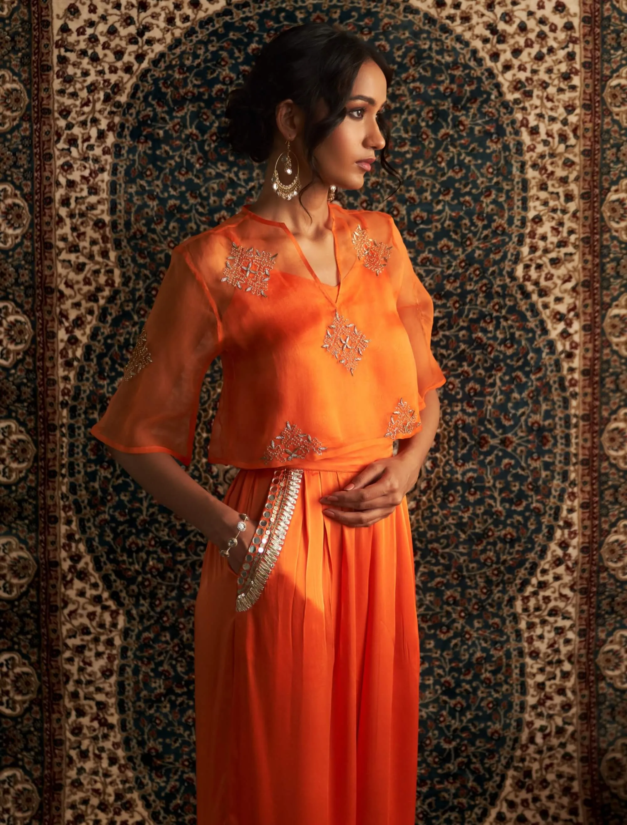 Saffron embroidered sheer top and palazzo set