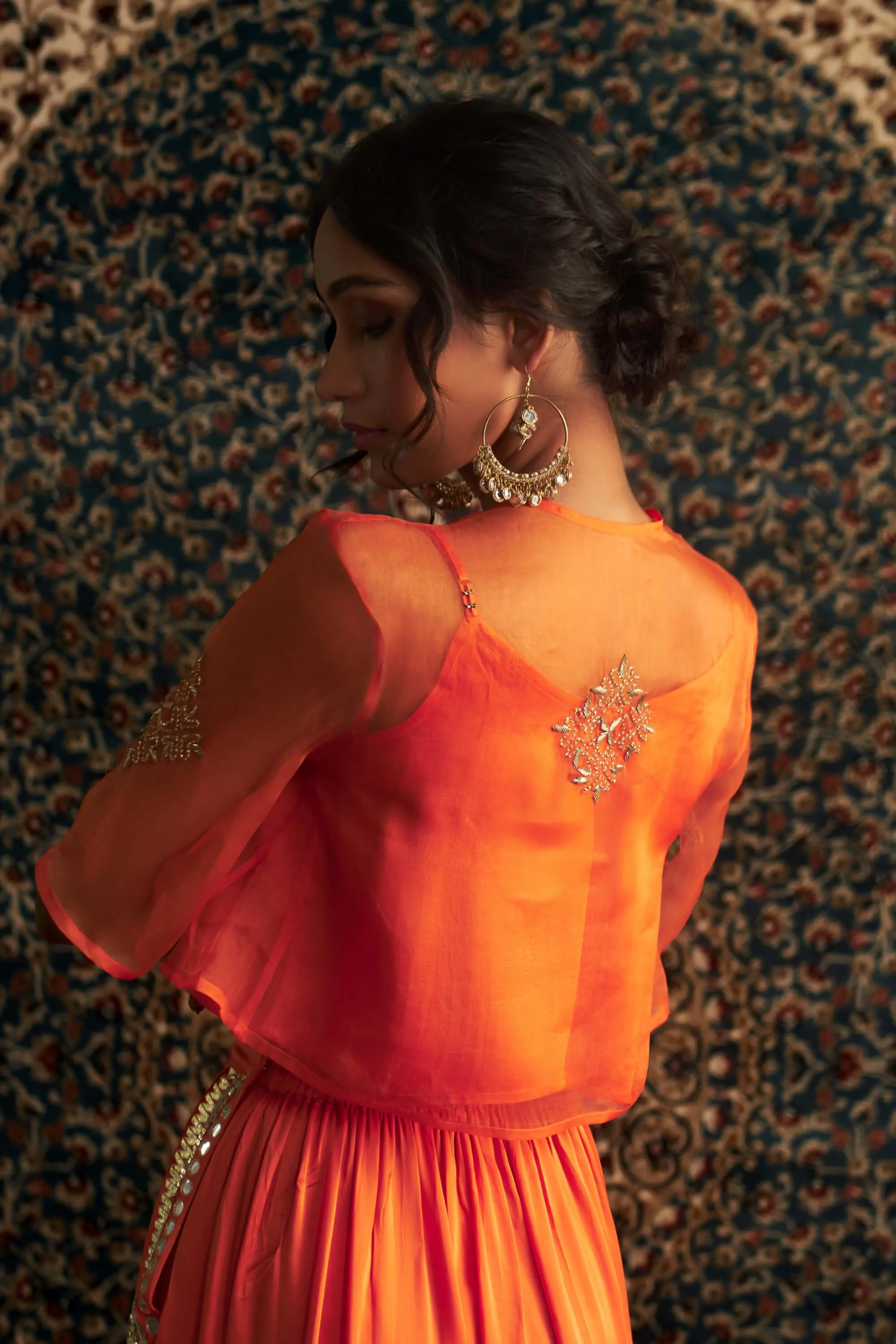 Saffron embroidered sheer top and palazzo set