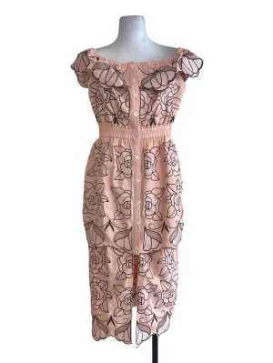 Salmon Floral Embroidered Button Down Dress