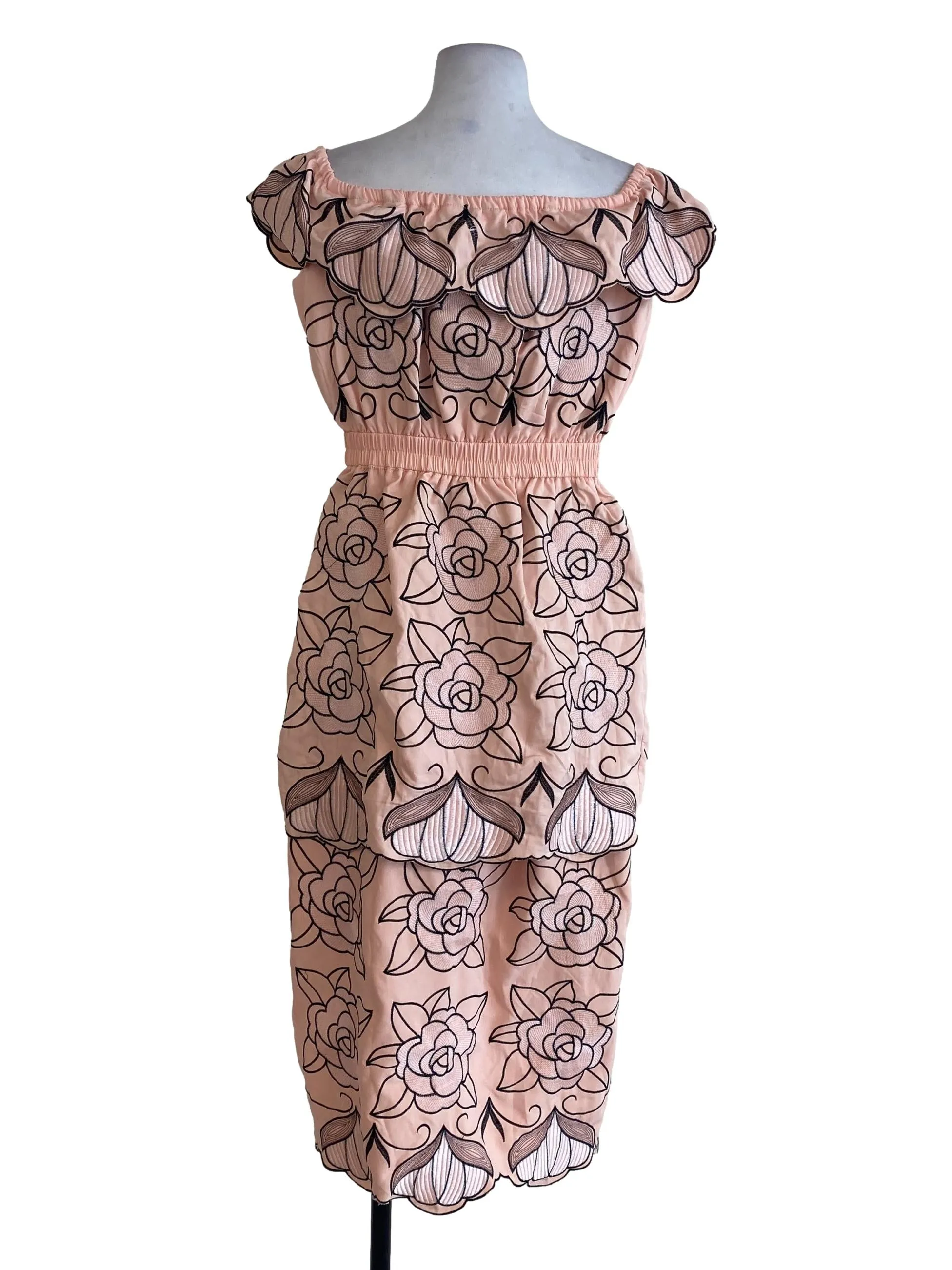 Salmon Floral Embroidered Button Down Dress