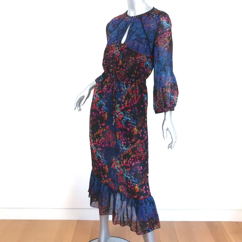 Saloni Drawstring Midi Dress Ruffled Floral & Lace Print Silk Size US 6