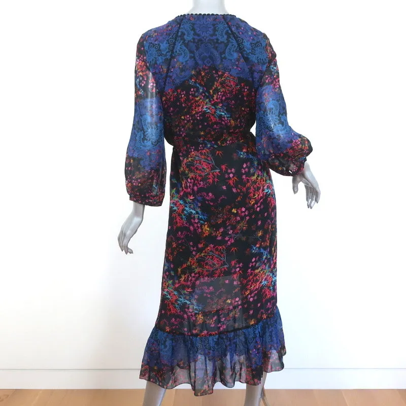 Saloni Drawstring Midi Dress Ruffled Floral & Lace Print Silk Size US 6